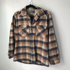 Vintage Pendleton wool brown blue plaid flannel unisex shirt M lumberjack USA